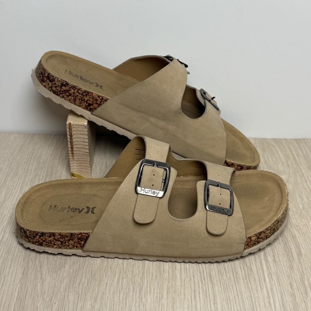 Sandals Hurley Womens 4 Tan Jameer Two Strap Buckle Cork Slide Casual Beach